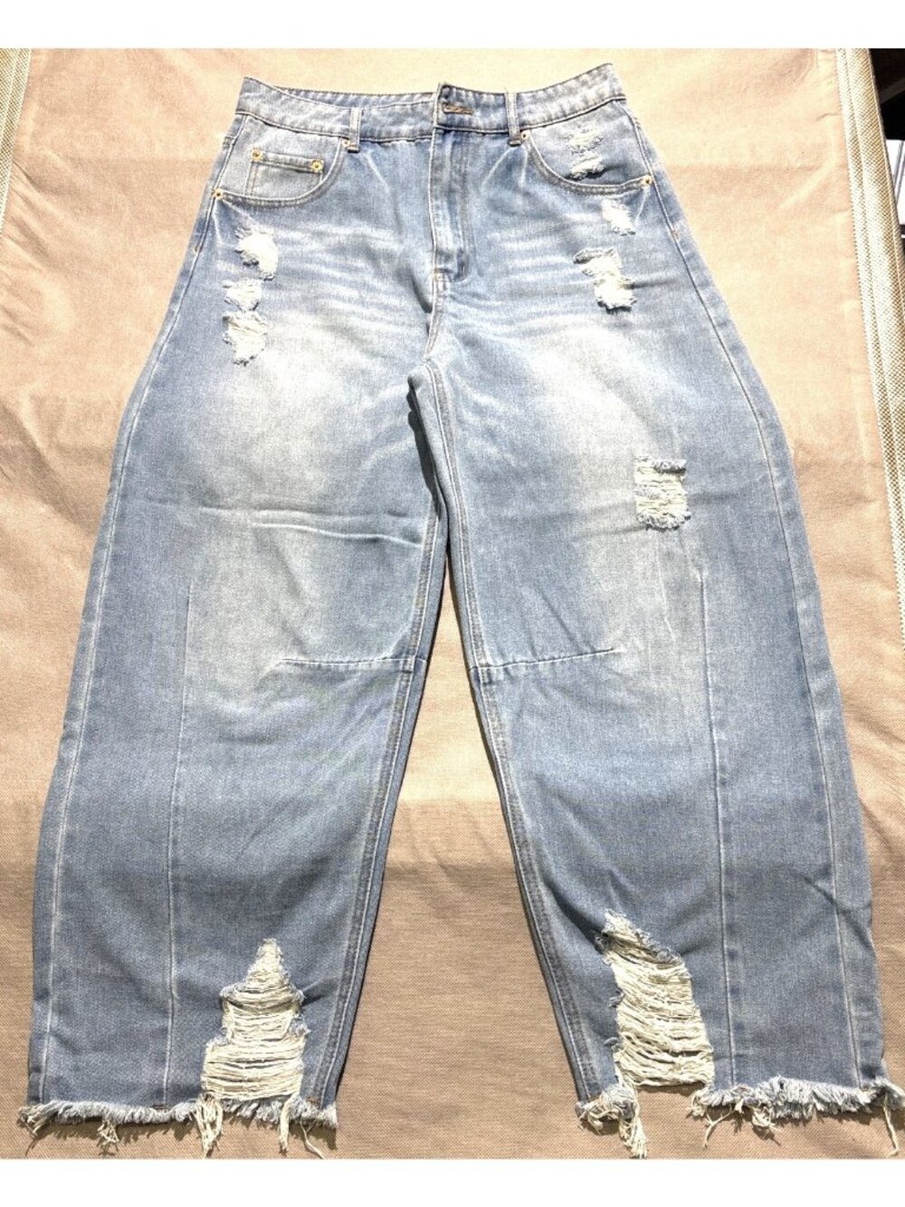Distressed Light Blue Wide-Leg Denim Jeans Frayed Hem Mid-Rise Casual Fit Size10